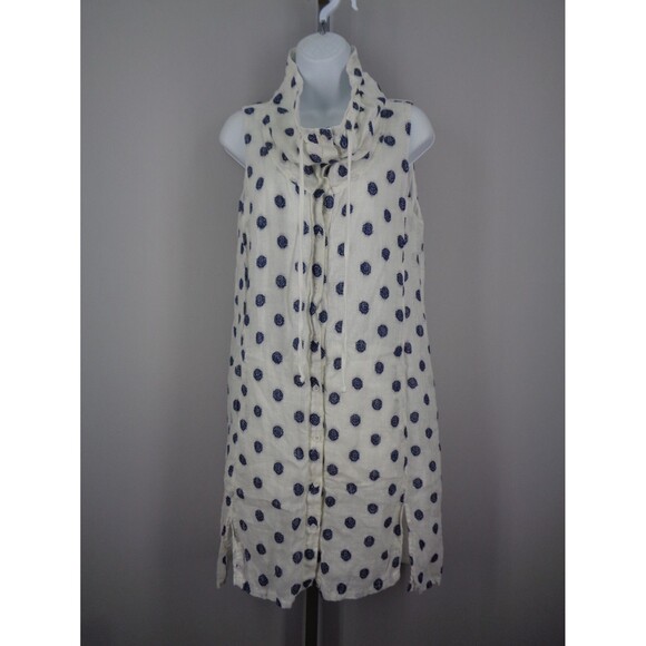 209 WST 38 Linen White Blue Polka Dot Tie Neck Sleeveless Button Dress Sz Small - Picture 1 of 12
